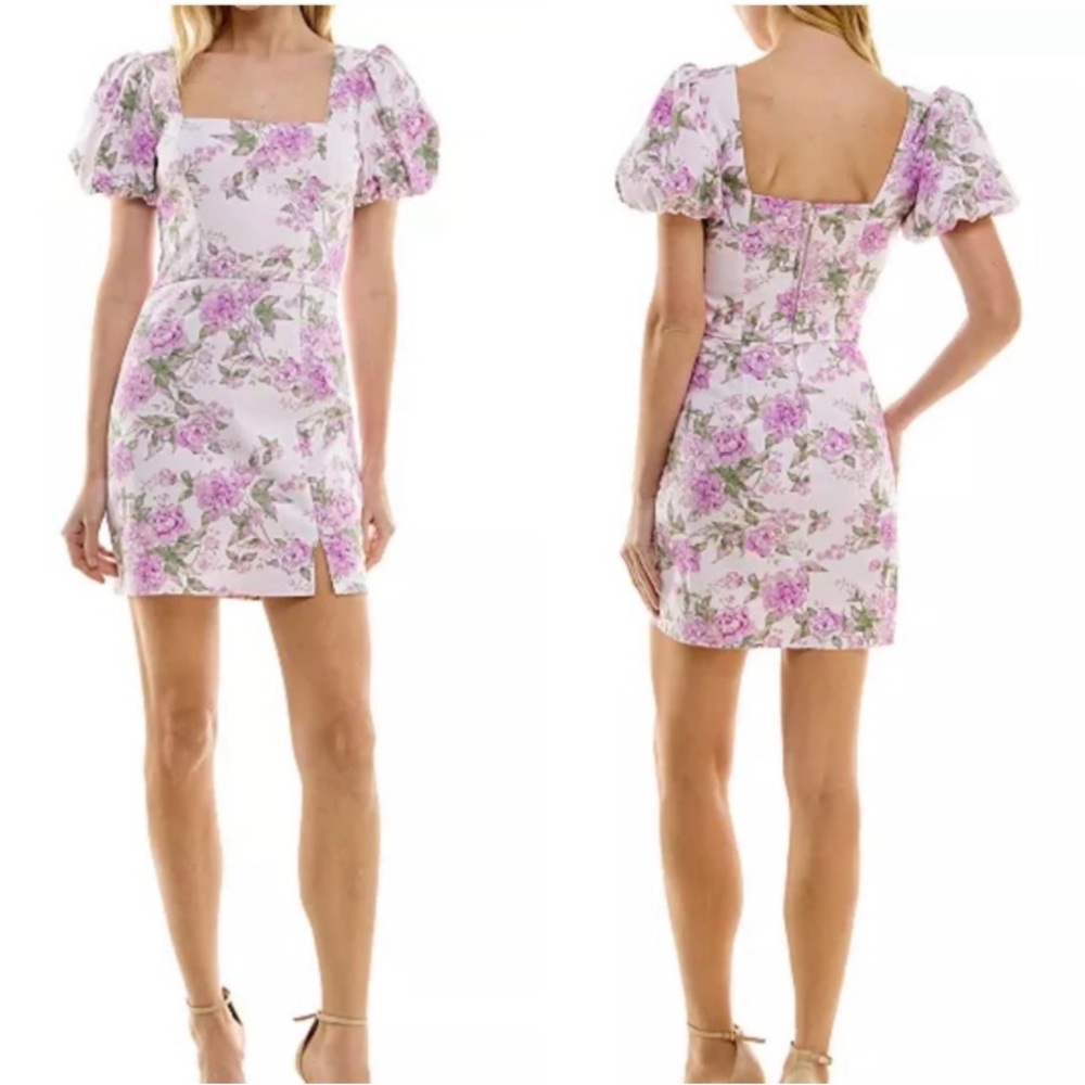 Floral Puff-Sleeve Square-Neck Mini Dress - Pink